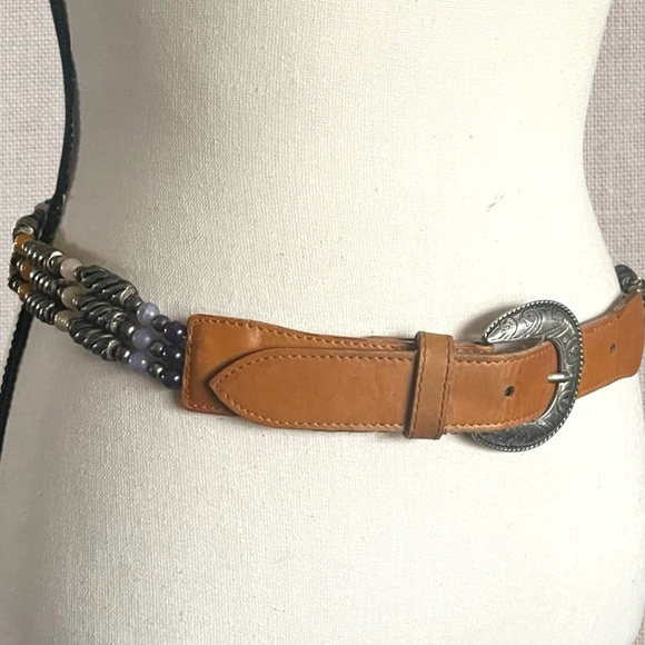 New York Studio Accessories - Vtg.Leather belt with western style buckle & multi strand Beaded Embellishments